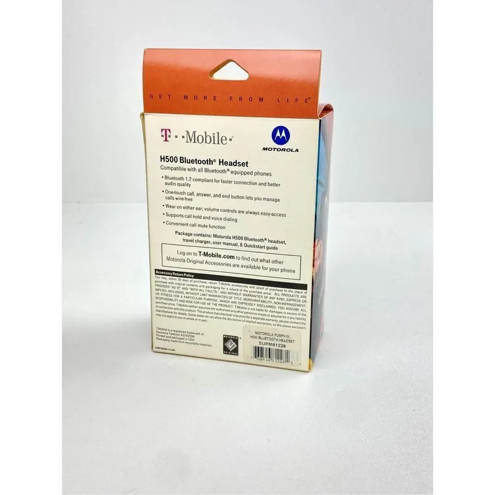 Motorola Bluetooth Headset H500 Ear Piece Orange Handsfree Headset Original Box